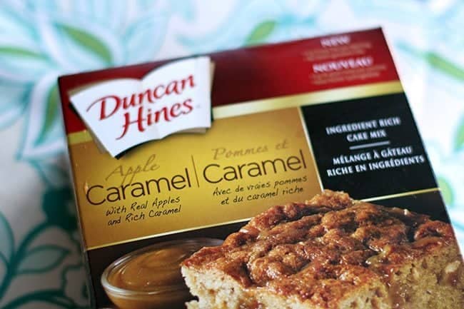 A box of Duncan Hines Caramel Cake Mix