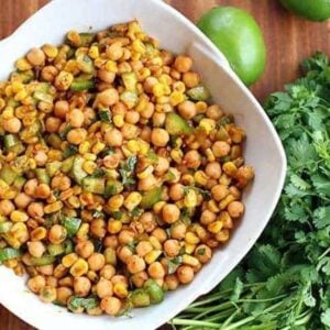 Close up Roasted Corn & Chickpea Salad on a white square bowl