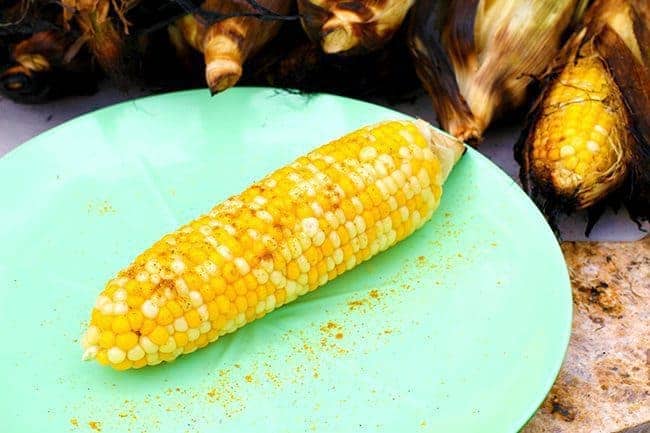 Curry & Honey Roasted Corn on the Cob With Husks in a Mint Green plate