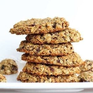 close up white square plate with a stack of Breakfast Cookies