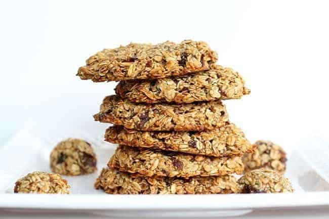 close up white square plate with a stack of Breakfast Cookies