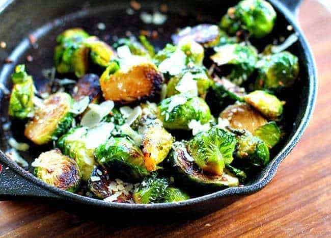 Roasted Garlic Parmesan Brussels Sprouts in Skillet