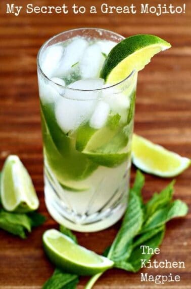 Close up of Mojito With Honey, garnish with mint leaves and lime wedges