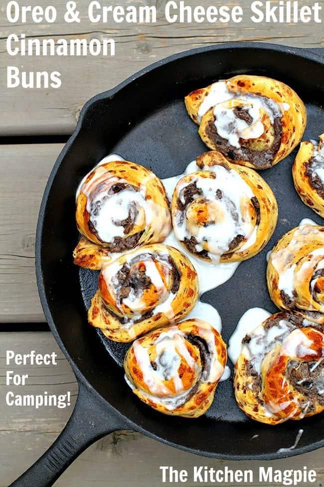 A fabulously easy dessert for camping! (or anytime!) Cinnamon buns stuffed with cream cheese and Oreo cookies! #camping #rv #dessert 