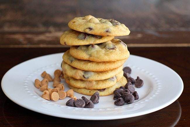 Stack of Peanut Butter and Chocolate Banana Pudding Cookies in a White Plate