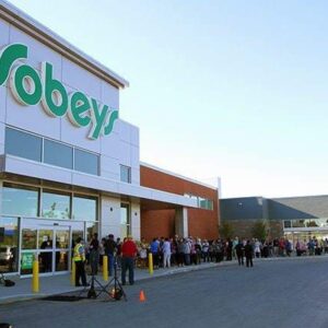 Sobeys building with lots of people waiting to enter