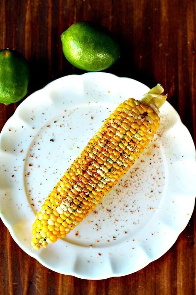 top down shot of Tex Mex Corn on the Cob in white plate