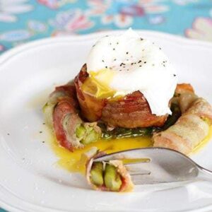 Steak n' Egg Bacon Asparagus Nests in a White Plate