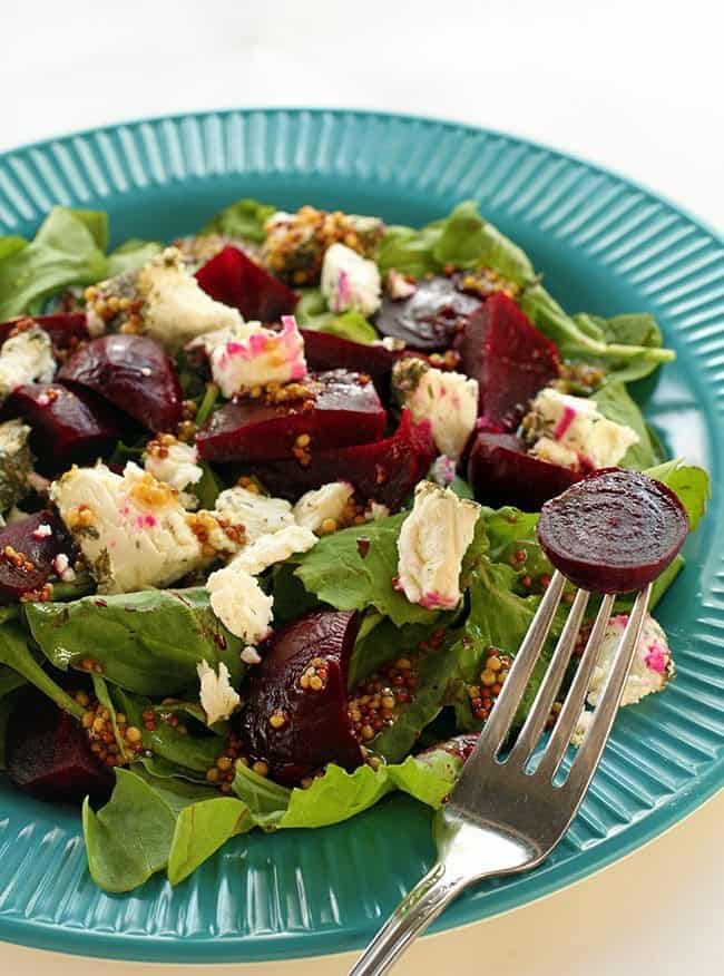 Close up of a Plate with Roasted Beet & Goat Cheese Salad
