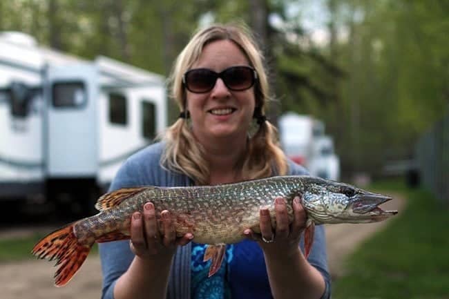 woman wearing sunglasses holding her catch - a Northern Pike