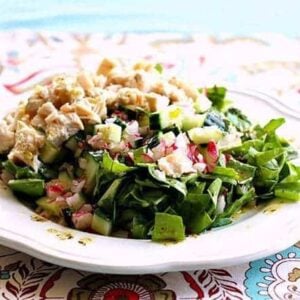 Chicken, Radish and Cucumber Swiss Chard Chopped Salad in a White Plate