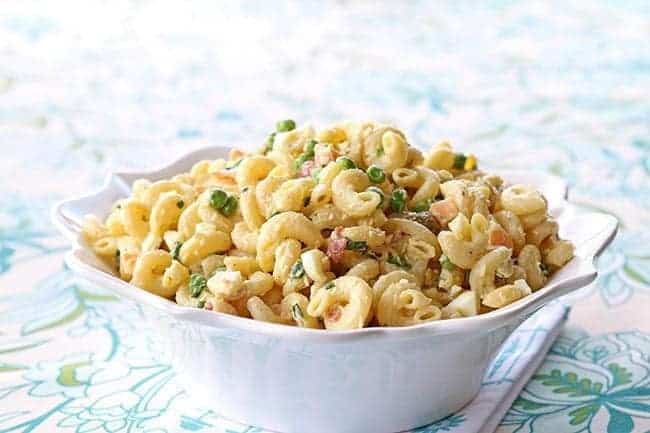 Classic Retro Picnic Macaroni Salad in a white bowl
