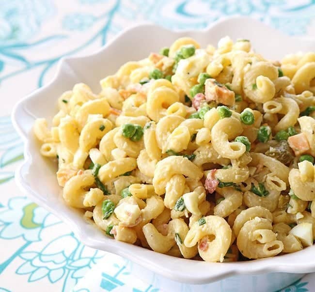 close up Classic Retro Picnic Macaroni Salad in a white bowl