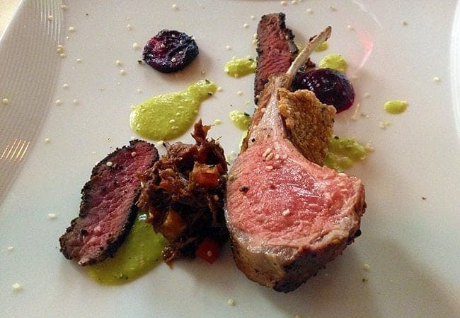 licorice lamb loin, BBQ lamb leg, and rack of lamb with kale pea puree and root vegetables