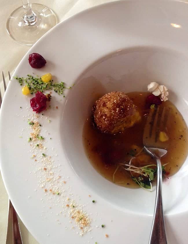 deep fried croquette with pulled wild turkey leg doused in a hot turkey leg confit & corn soup