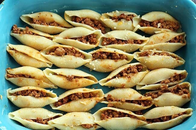 File of stuffed pasta shells in a baking dish
