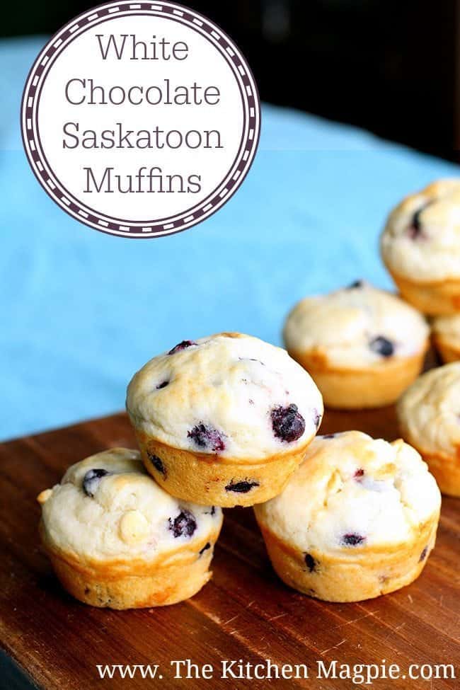 These White Chocolate Saskatoon Muffins are perfect for using up your summertime berries! My Us readers can use blueberries! #muffins #whitechocolate