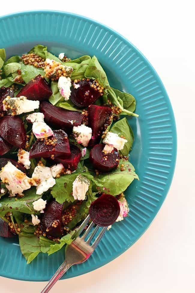 Roasted beets and goat cheese in a salad