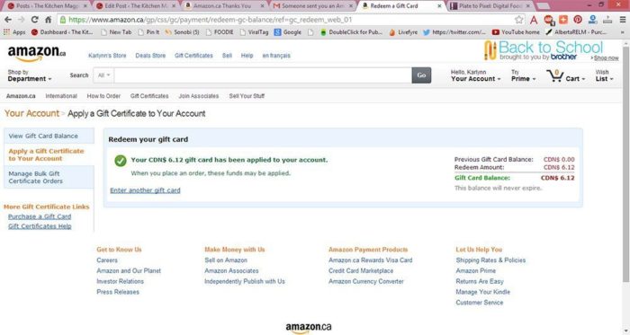 Amazon window showing that the gift card has been redeemed
