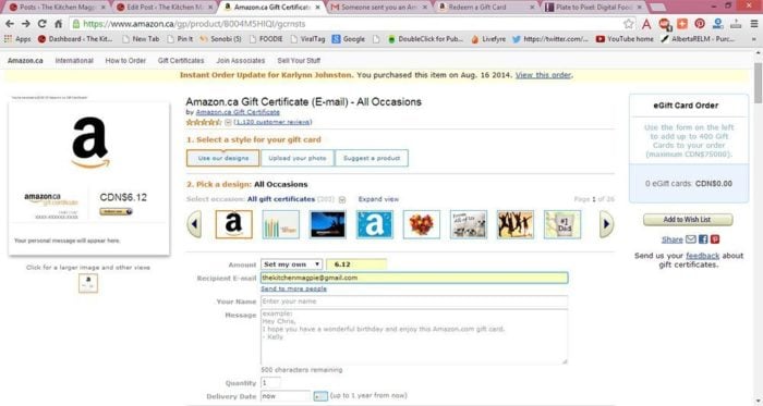 Amazon window for purchase an Email Giftcard