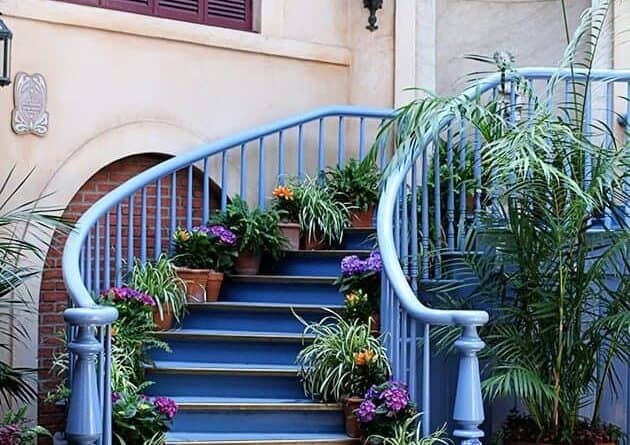 Court des Anges at Disneyland - blue painted stair with pot of plants in each step