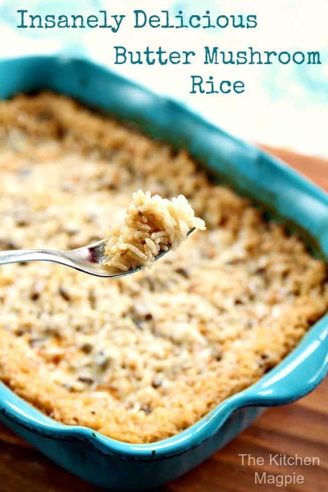 Butter Mushroom Rice in a blue Pyrex Baling Pan