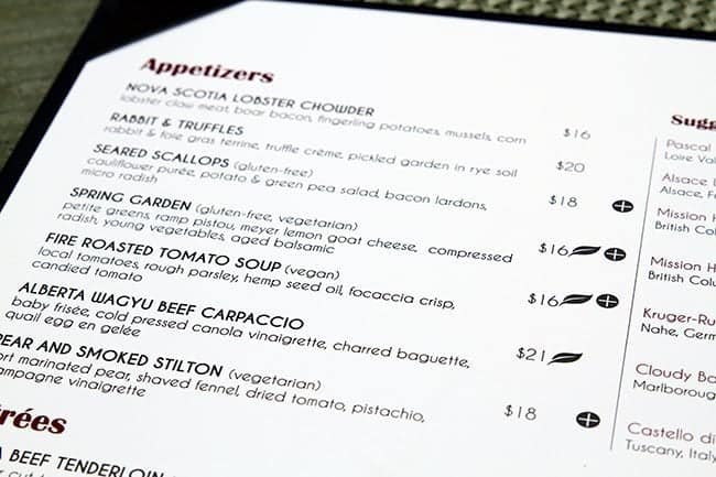 Appetizers list in the menu