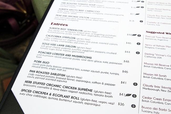 Entrees option list in the menu