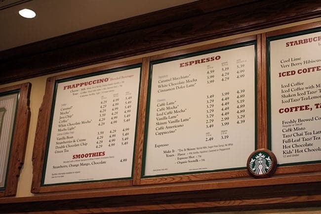 Starbucks Disney showing the Frappuccino's and Espresso Menu