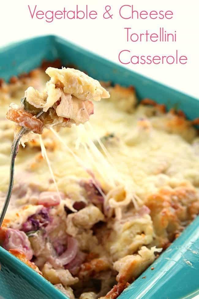 close up a fork with Vegetable & Cheese Tortellini from Casserole on white background