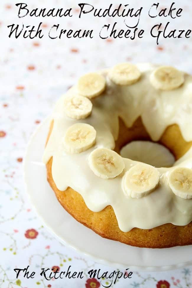 close up Banana Pudding Cake With Cream Cheese Glaze