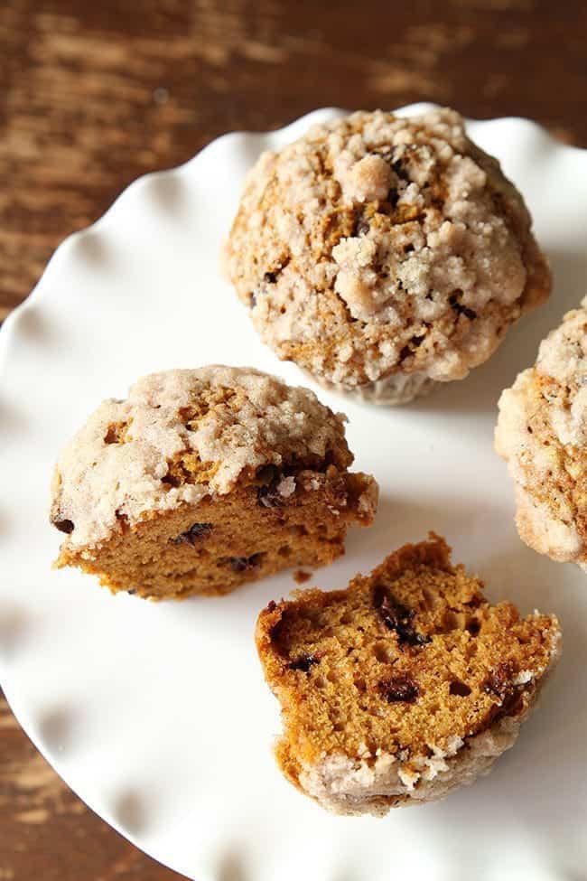 showing the inside of Pumpkin Chocolate Chip Streusel Muffins