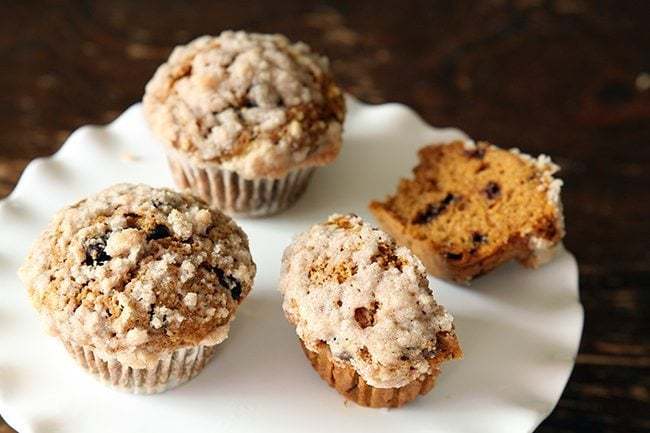 Pumpkin Chocolate Chip Streusel Muffins in white plate