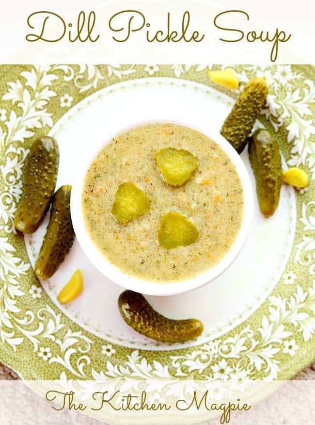 top down shot of Dill Pickle Soup in a bowl on white plate with sliced dill