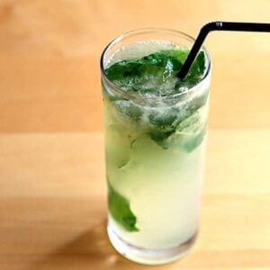 Top down shot of Gin Basil Smash with Black Straw