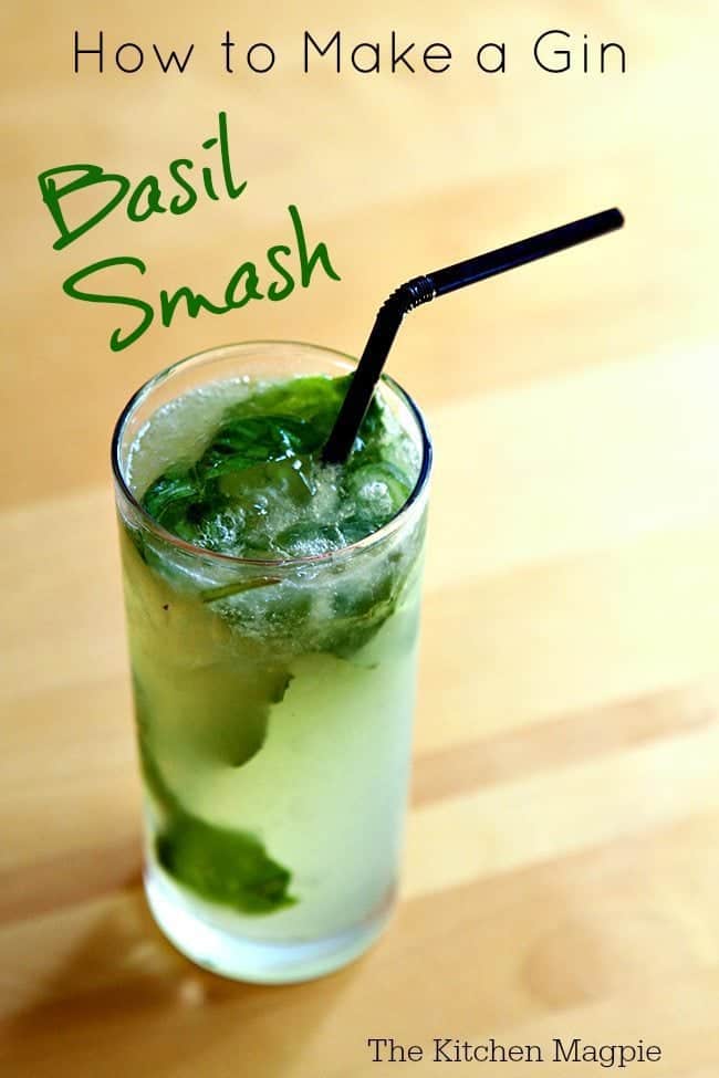 Top down shot of Gin Basil Smash with Black Straw