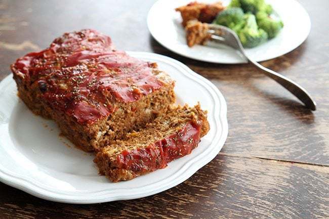 close up seasoned Meatloaf From Campbell's Soup in a white plate