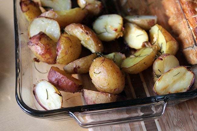 Simple Roasted Garlic Rosemary Potatoes in a Pyrex baking dish