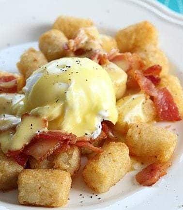 close up plate of Tater Tot Eggs Benedict