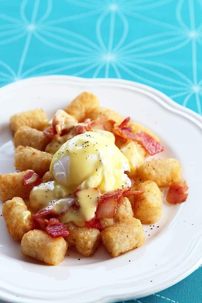 Eggs Benedict on Tater Tot Waffles - Pudge Factor