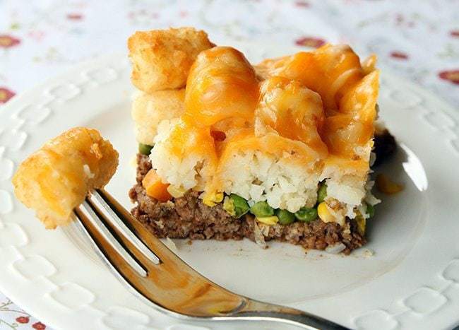 a slice of Tater Tots Shepherd's Pie in a white plate