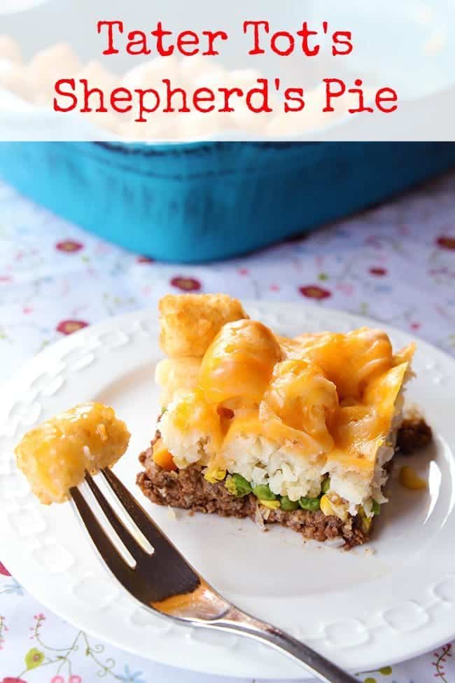 a slice of Tater Tots Shepherd's Pie on a white plate