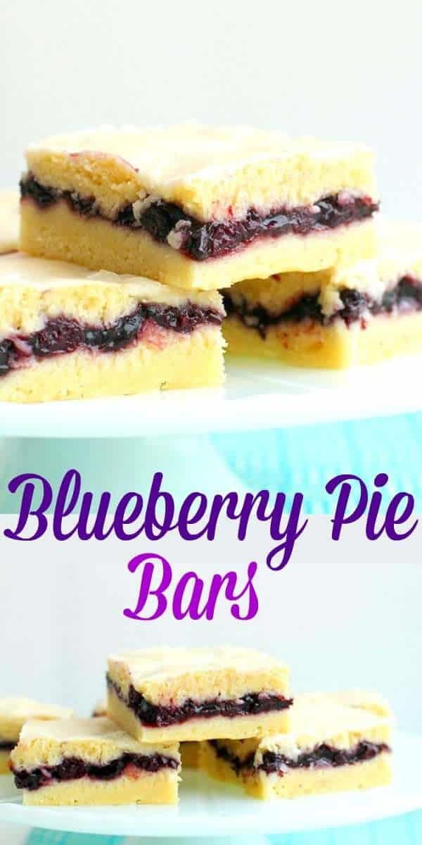 How to make delicious Blueberry Pie Bars! Blueberry pie filling is sandwiched between vanilla cake layers to make a delicious sliced bar! #blueberry #pie #bars #squares #dessert #sweet #vanilla #baking #recipe #icing 