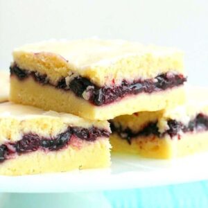 close up of Blueberry Pie Bars on a white plate