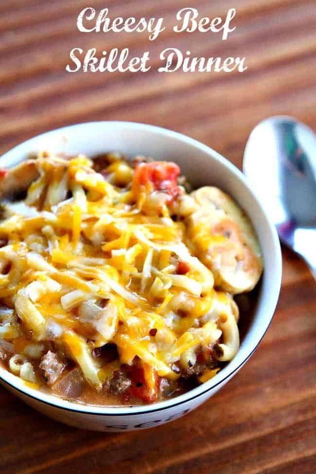 cheesy beef skillet dinner in a white bowl