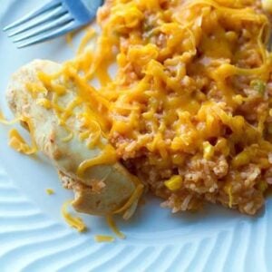 Tex Mex Chicken & Rice Bake in a white plate with fork