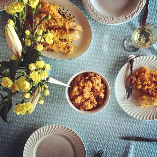 Top down shot of Tex Mex Chicken & Rice Bake in a plate on the table ready to be enjoy