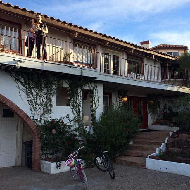 dad and daughter in outside the house