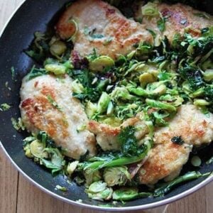 Chicken, Kale & Brussel Sprouts in Skillet with lemon dressing