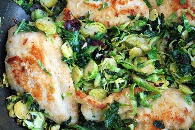 close up of Chicken, Kale & Brussel Sprouts